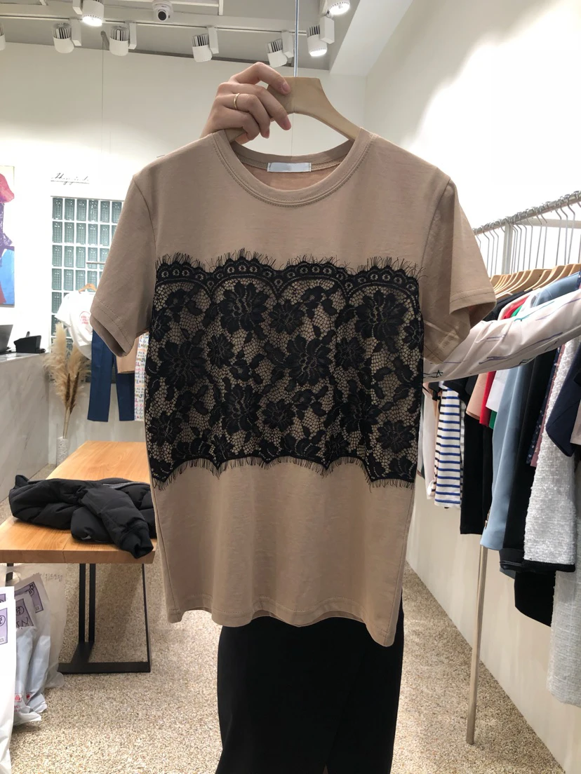 

2021 Summer Sexy Sweet Stitching Lace Short Sleeve T-shirt for Women New Loose Solid Color Round Neck Summer Bottom Shirts