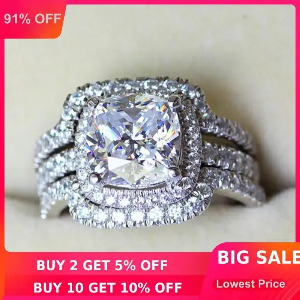 Victoria Wieck Cushion cut 8mm Stone 5A Zircon stone 10KT White Gold Filled Lovers 3-in-1 Engagement Wedding Ring Set Sz 5-11
