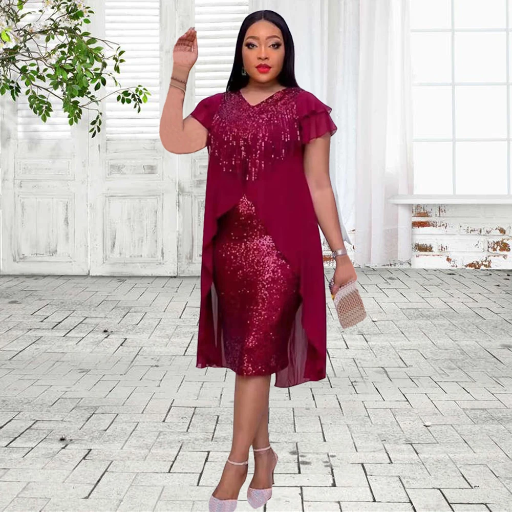 

African Dresses For Women 2021 Casual Plus Size Loose Solid Color Knee-Length Elegant Sexy Long Dress Short Sleeve