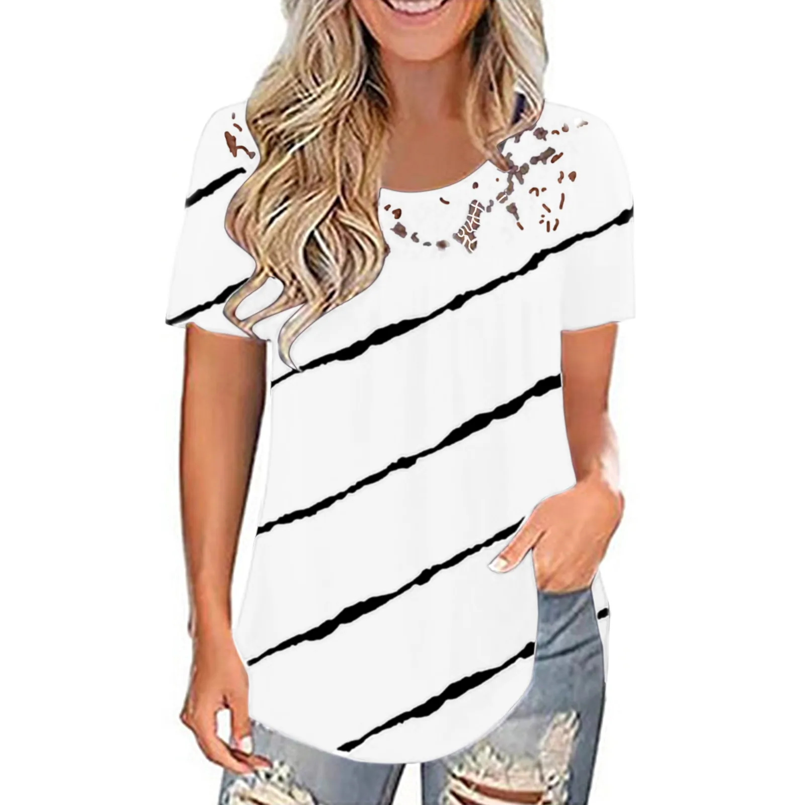 

Ladies Lace Shirt Loose Stripe Print Tunic Shirt Plus Size Tops 2021 Spring Stitching Round Neck Short-sleeved Shirt Blouse