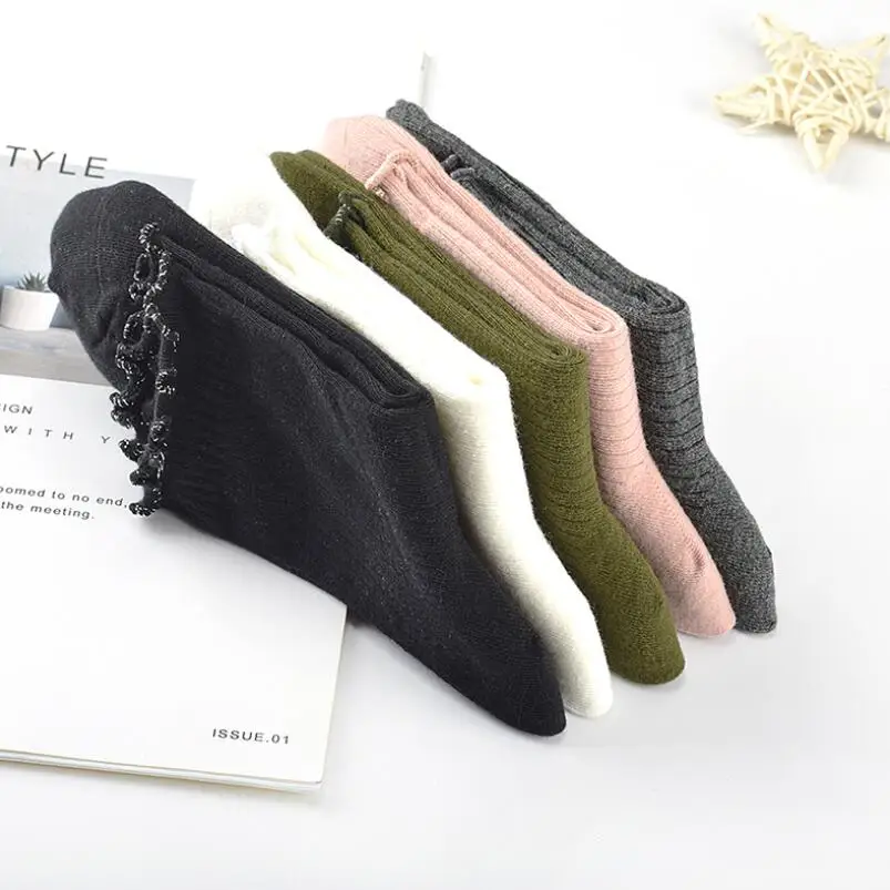 Lurex Cuff Cotton Socks for Women Warm Thick Solid Plain Crew Socks 9 Pairs Wrinkled Spring Winter Ankle Socks