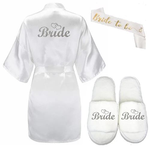 3pc set silver Sisbigdey/комплект из 3 предметов; блестящий золотой атласный короткий халат для невесты; тапочки для невесты; пеньюар для невесты с поясом; женские вечерние кимоно; коллекция года - Цвет: 3pc set silver