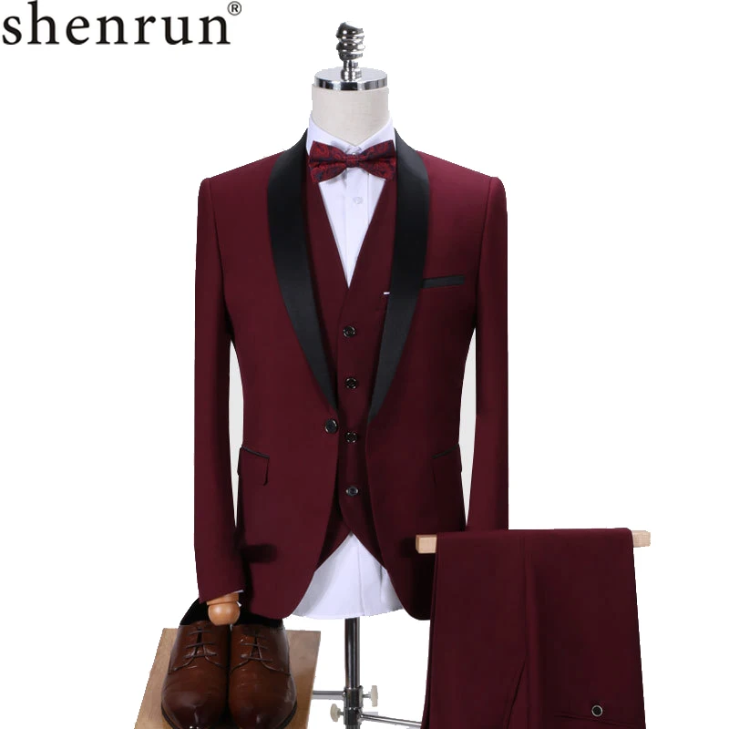 Shenrun Men Tuxedo Slim Fit Fashion Suit Wedding Shawl Lapel 3 Pieces Skinny Single Breasted Jacket Party Prom Singer Costume