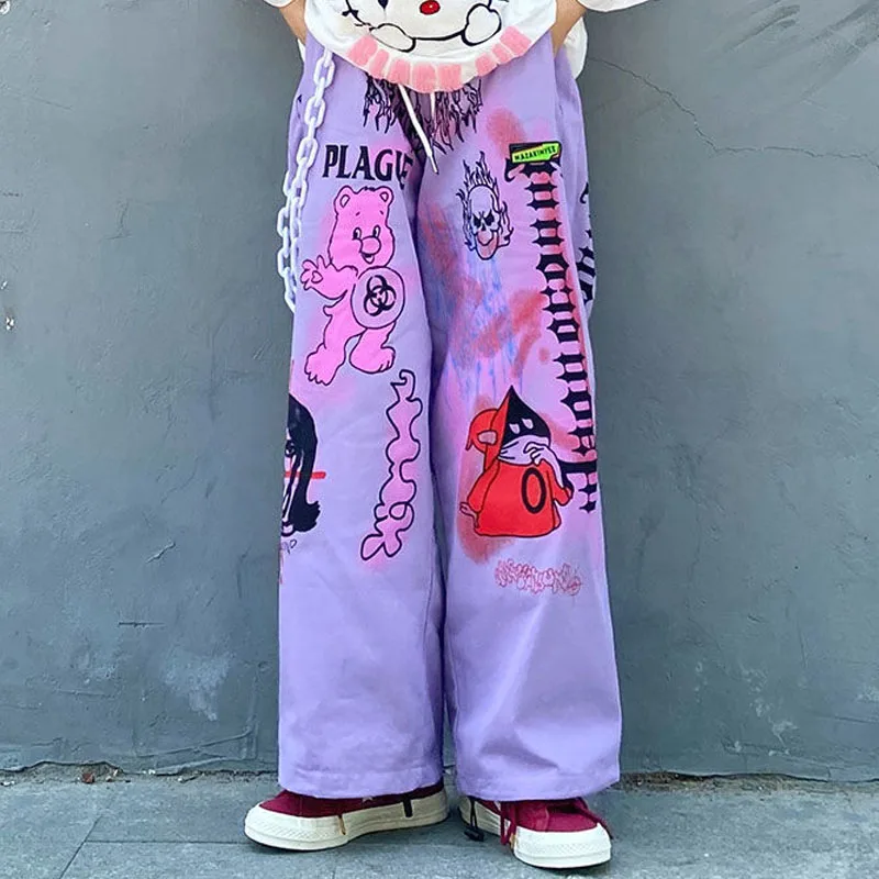 

Retro 90s Aesthetic Wide Leg Pants Harajuku Korean Y2K Hippie Palazzo Pants Women Cartoon Gothic Trousers Oversize Female Purple