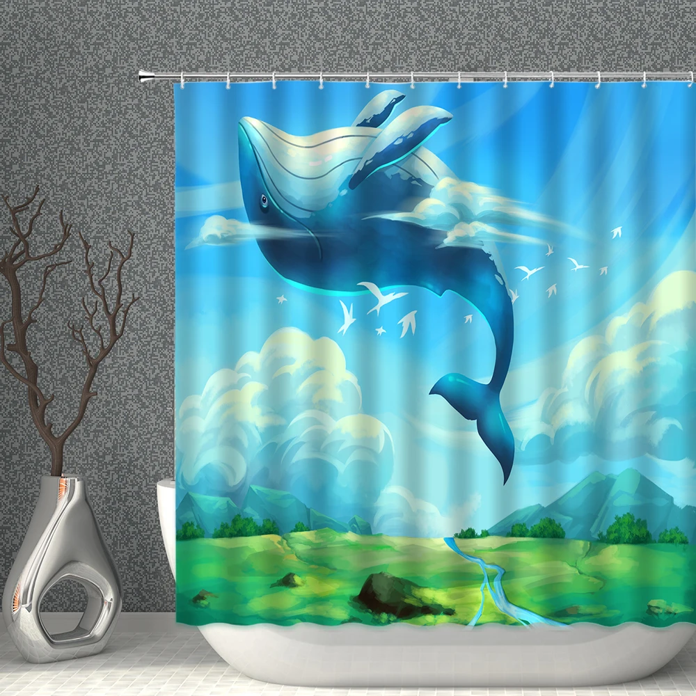 

Ocean Animal Shower Curtain Set Dolphin Jellyfish Bathroom Decor Underwater World Polyester Fabric Home Decoration Bath Curtains
