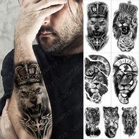 crown lion waterproof temporary tattoo sticker for women men tiger wolf animal forest flash tatto arm thigh fake sleeve tattoos