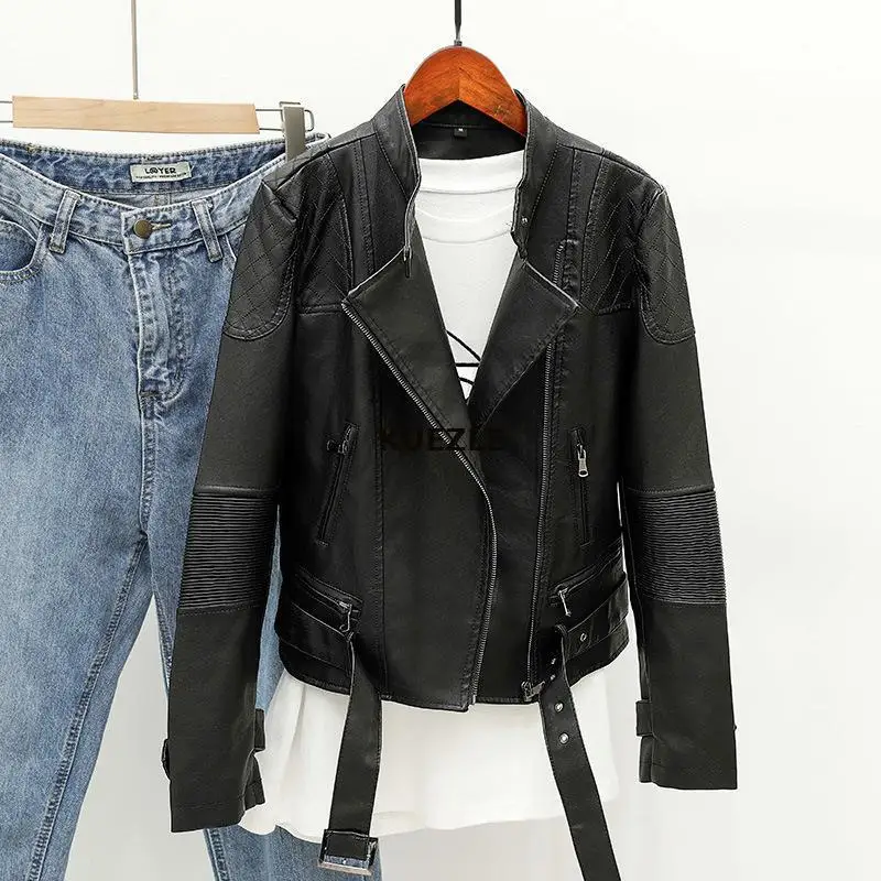 

women Sashes Camisa elegant leather jacket coat 2020 spring and autumn fashion zipper coat woman PU leather jacket Overcoas XL