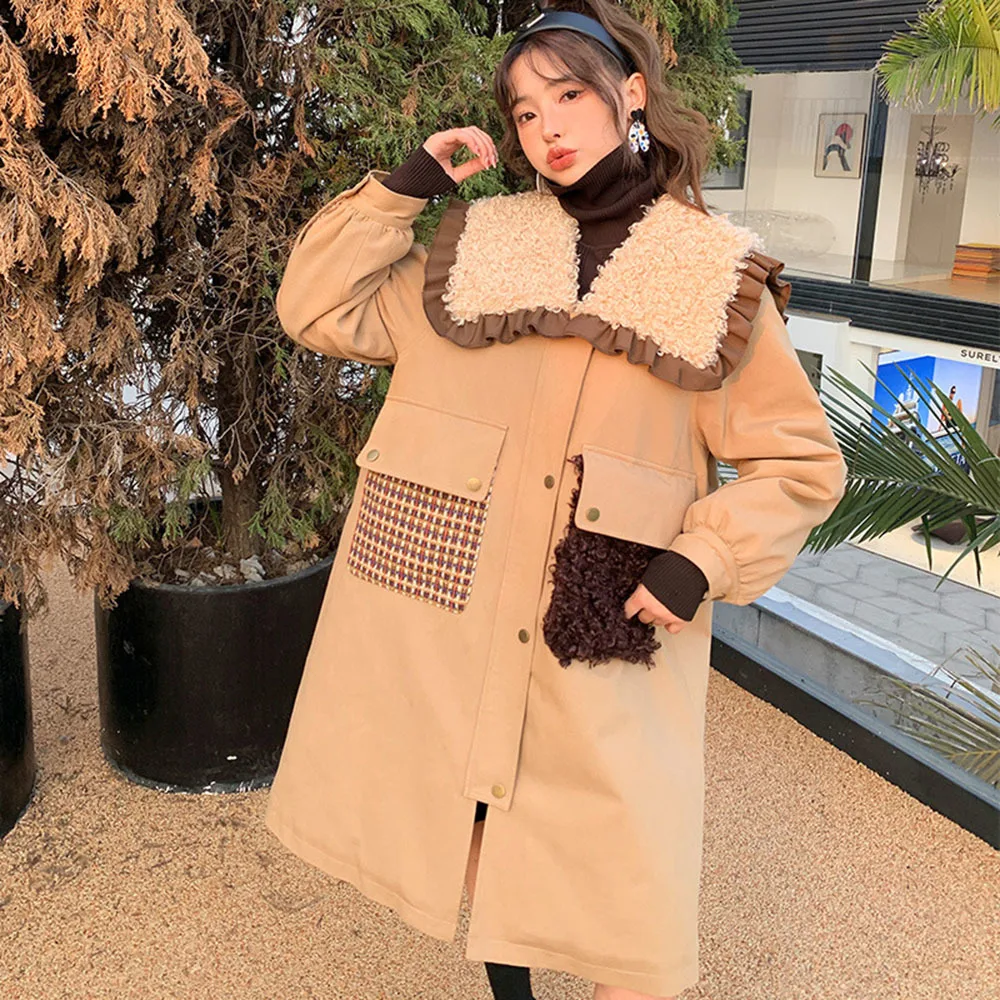 

Зимние новые утепленные женские парки размера плюс 6XL с оборками и воротником из меха ягненка модные шикарные Куртки Повседневная Теплая стеганая зимняя верхняя одежда