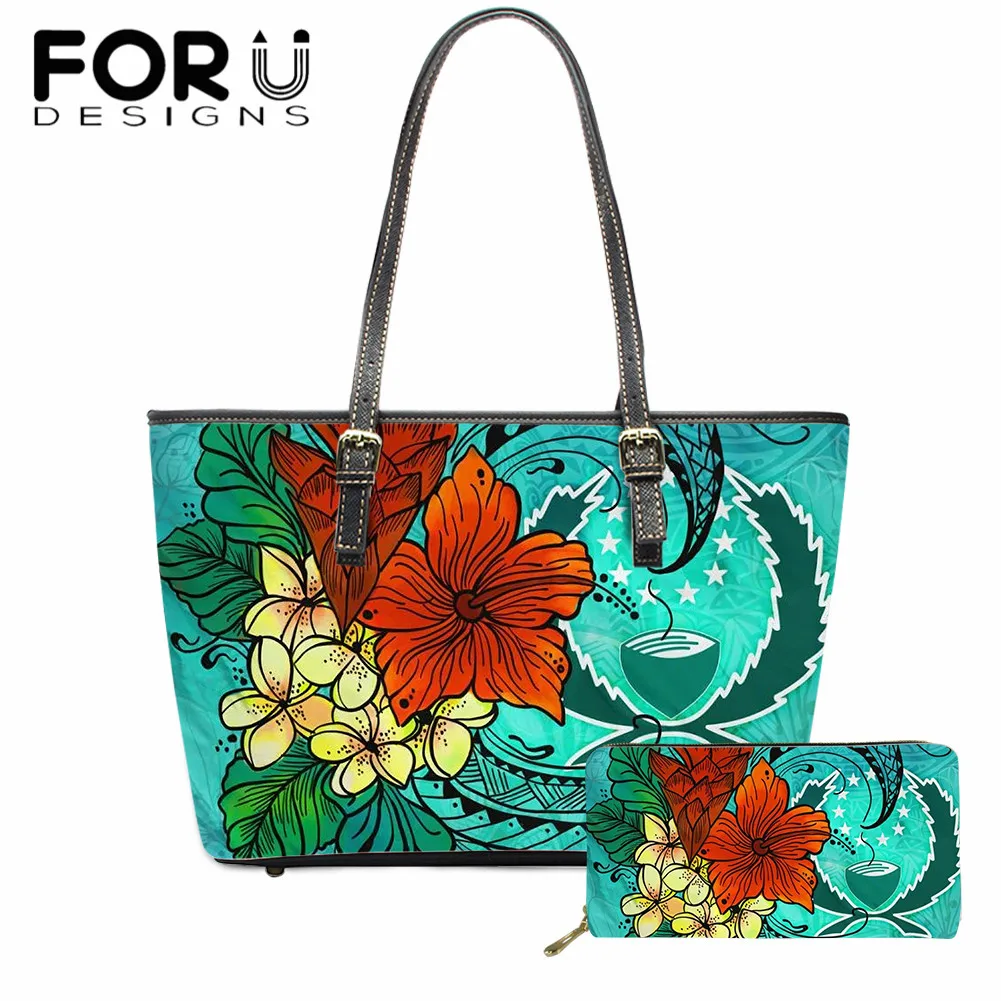 

FORUDESIGNS Pohnpei State Polynesian Tropical Flowers Pattern New Fashion Women Tote Handbag Leather Large Capacity Shoulder Bag