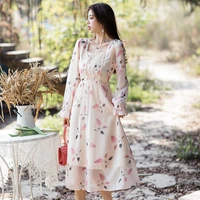 2021 summer women cottagecore pink print dress sweet chiffon long sleeve bohemian pastoral elegant temperament mid length dress