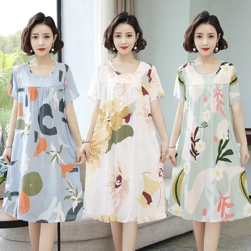 

L-4XL New Summer Ice Silk Thin Nightdress For Women Plus Size Print Female Sleepwear Short Sleeve Nightgowns