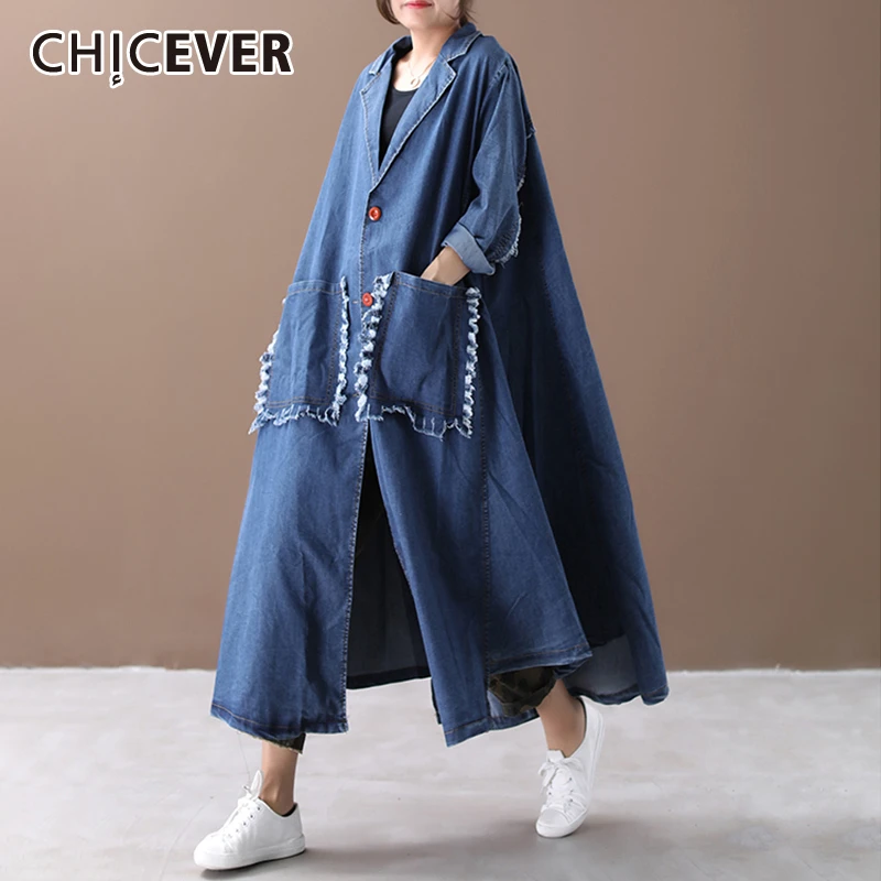 CHICEVER/Корейская джинсовая женская ветровка с отворотом, с длинными рукавами, с завышенной талией, свободное повседневное пальто, женская мода, новинка
