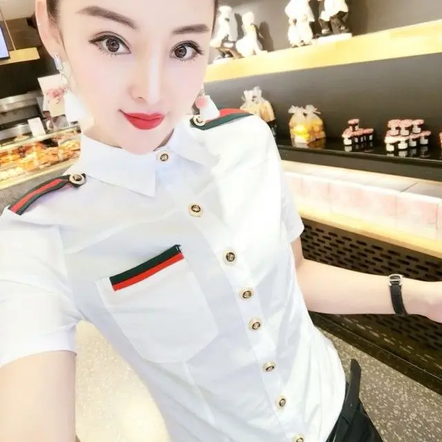 

2021 spring and summer new fashion slim slim professional large size stretch shirt female Korean Joker short sleeve female