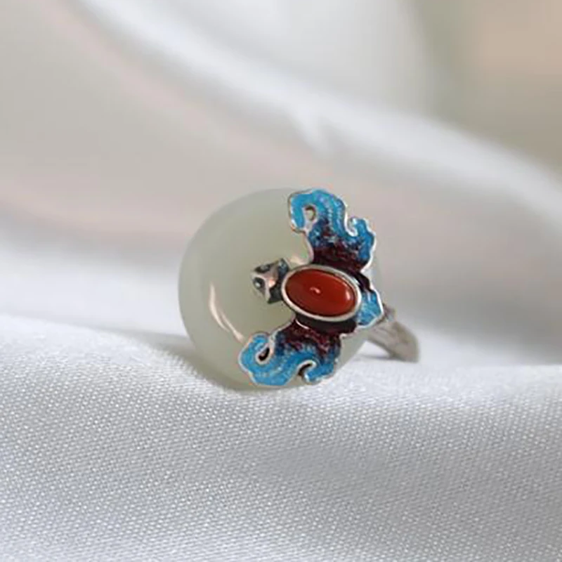 

SNew Silver Original Design Burnt Blue Retro Niche Chinese Ethnic Palace Style Natural Hetian Jade Women Open Adjustable Ring