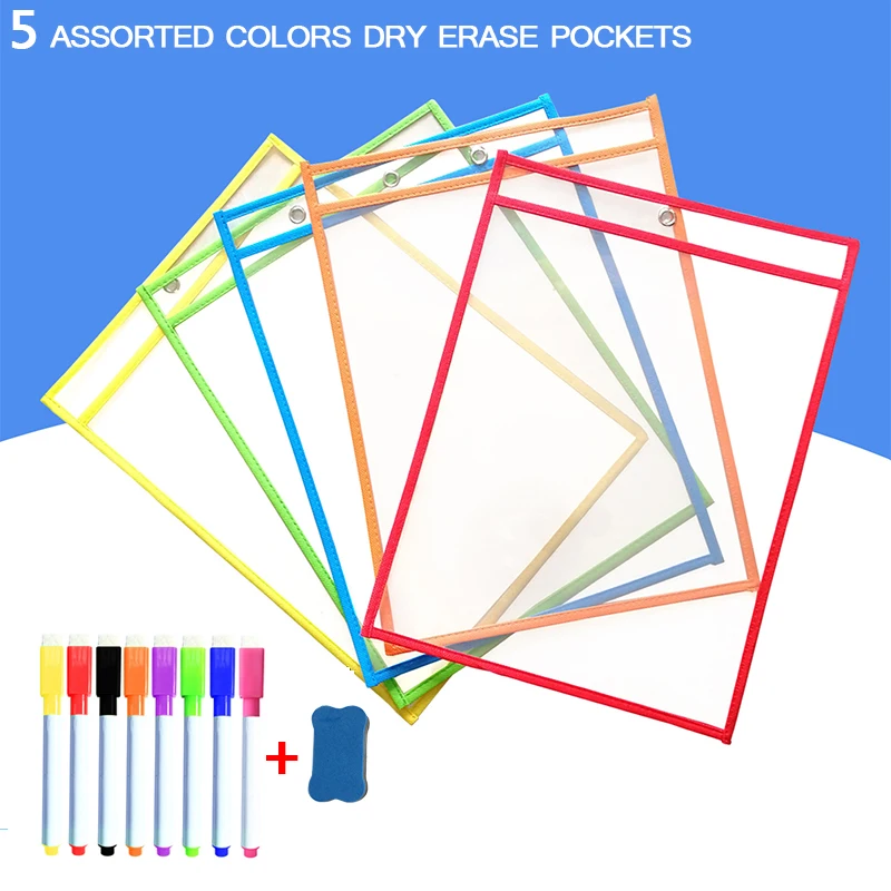 Dry Erase Pockets Sleeves Reusable Transparent PP File With Pen Write Wipe Drawing Whiteboard Markers Used for Teaching Supplies