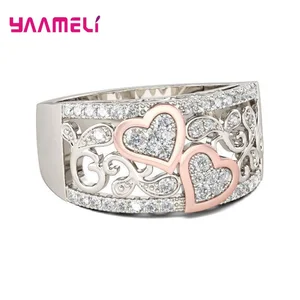 Аутентичные 925 пробы серебряные ювелирные изделия шикарный стиль сердце резьба кольцо милый кубический циркон для женщин Свадебные обручальные Вечерние