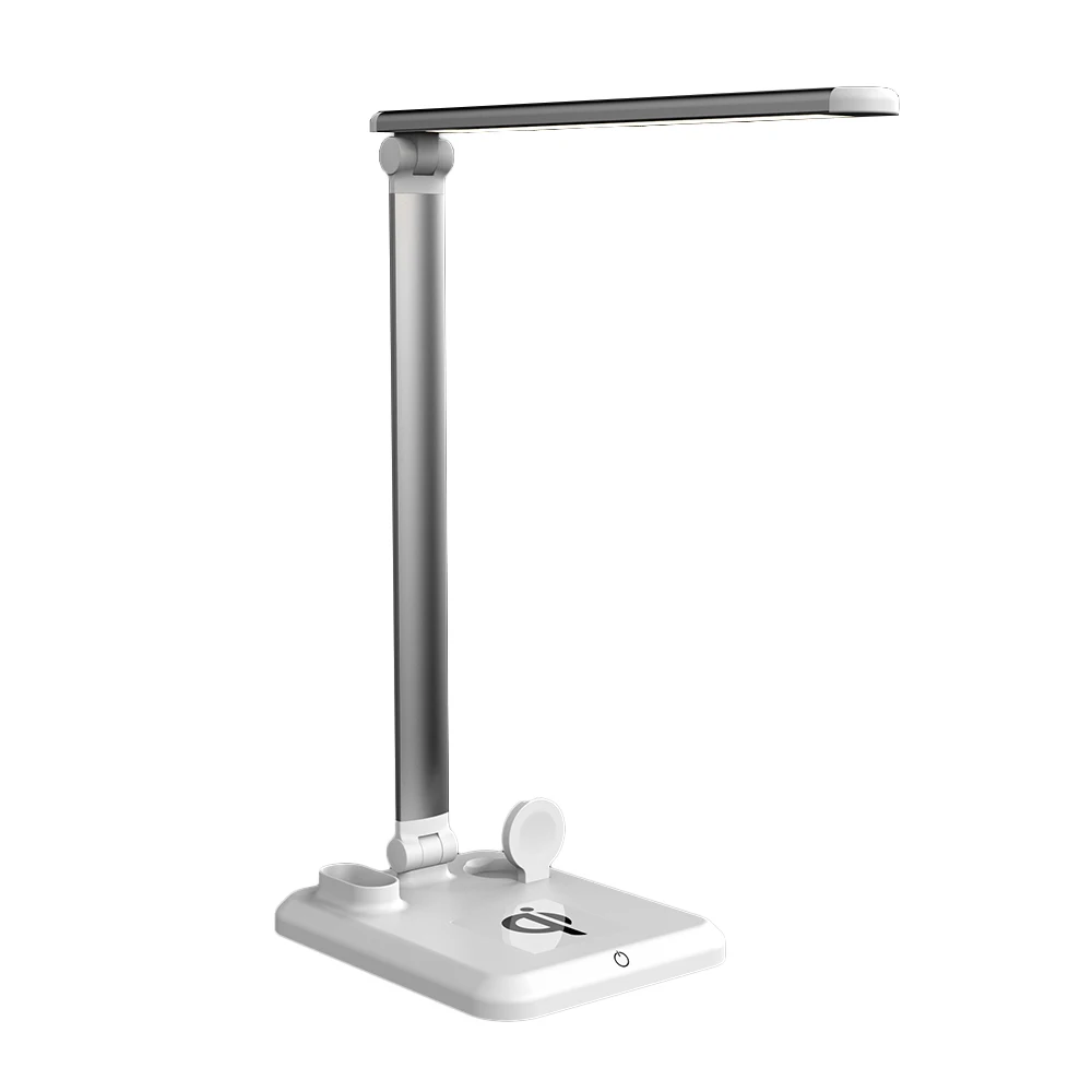 White And Silver Светодиодный настольный светильник 4 в 1 Qi Беспроводное зарядное устройство Настольный светильник для чтения защита глаз диммер для мобильного телефона часы наушники зарядка - Цвет корпуса: White And Silver