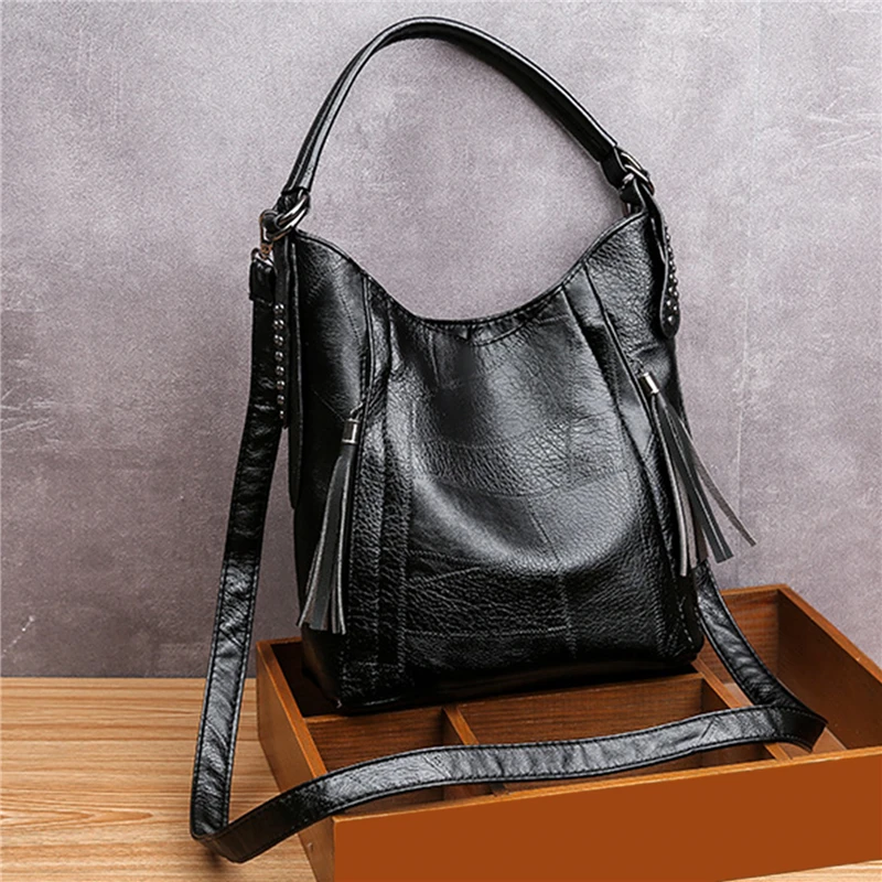 

Women Bucket Bag Female Shoulder Bags Large Size Vintage Soft Patchwork Leather Lady Cross Body Handbag For Big Women Hobos Bag