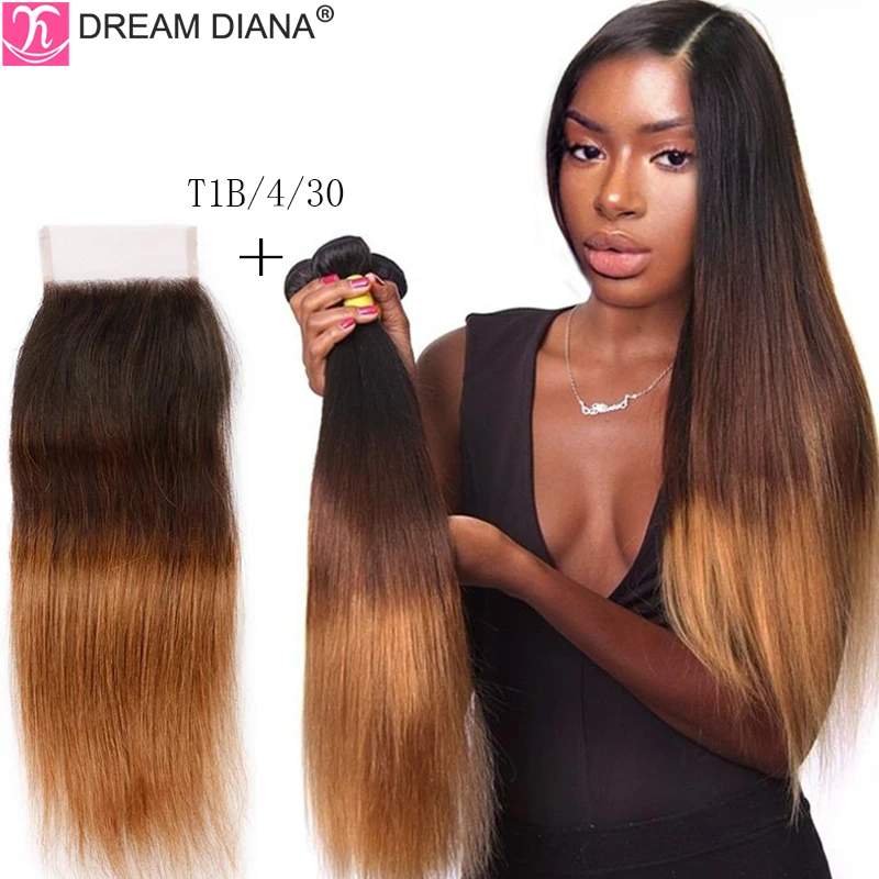 DreamDiana Ombre Malaysian Silky Straight Hair With Closure Ombre Remy Human Hair Bundles With Closure 3 Toned T1B/4/30 T1B/4/27