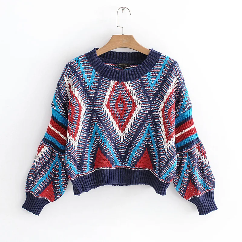 Винтажный стильный геометрический короткий Стильный вязаный свитер для женщин