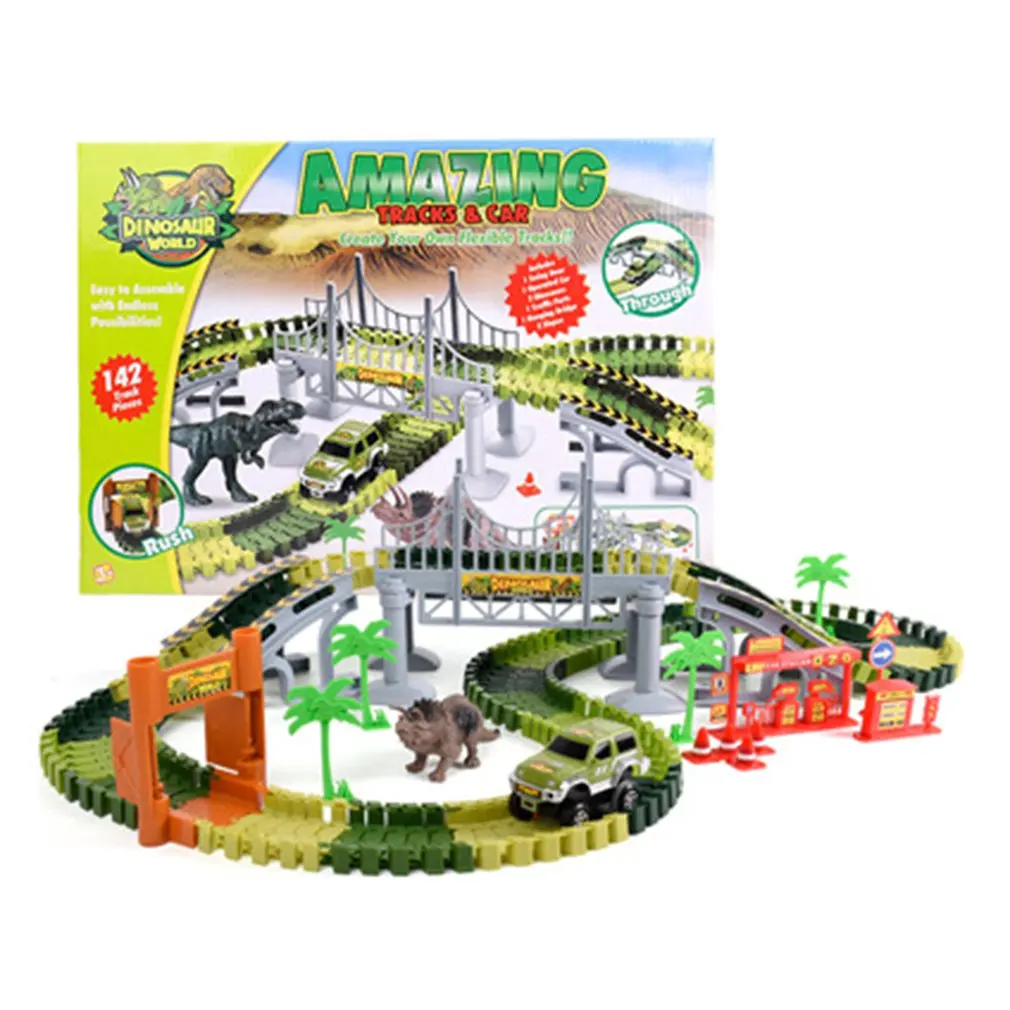 

Dinosaur Railway Car Track Racing Track Toys Set Bend Flexible Race Track Flash Light Car Educational Toys For Kids Gift