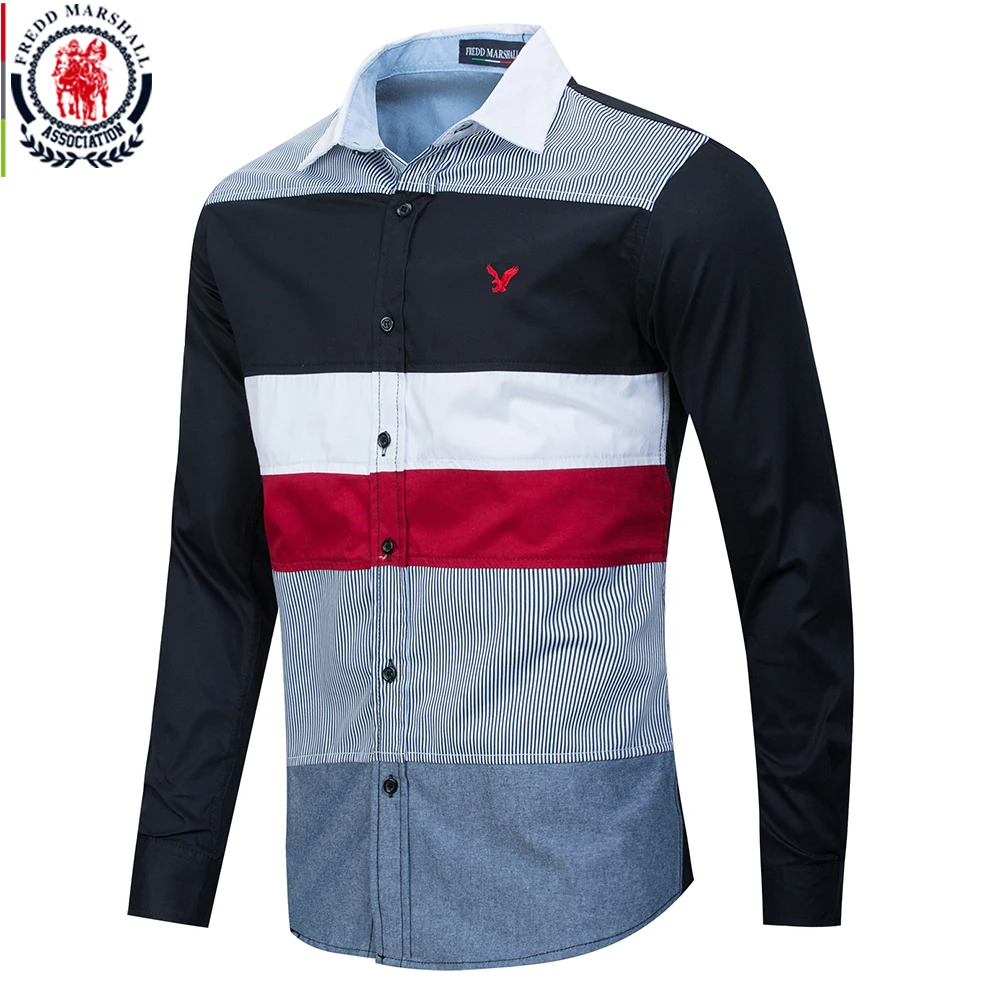 Мужская хлопковая рубашка с длинным рукавом в стиле пэчворк|Повседневные