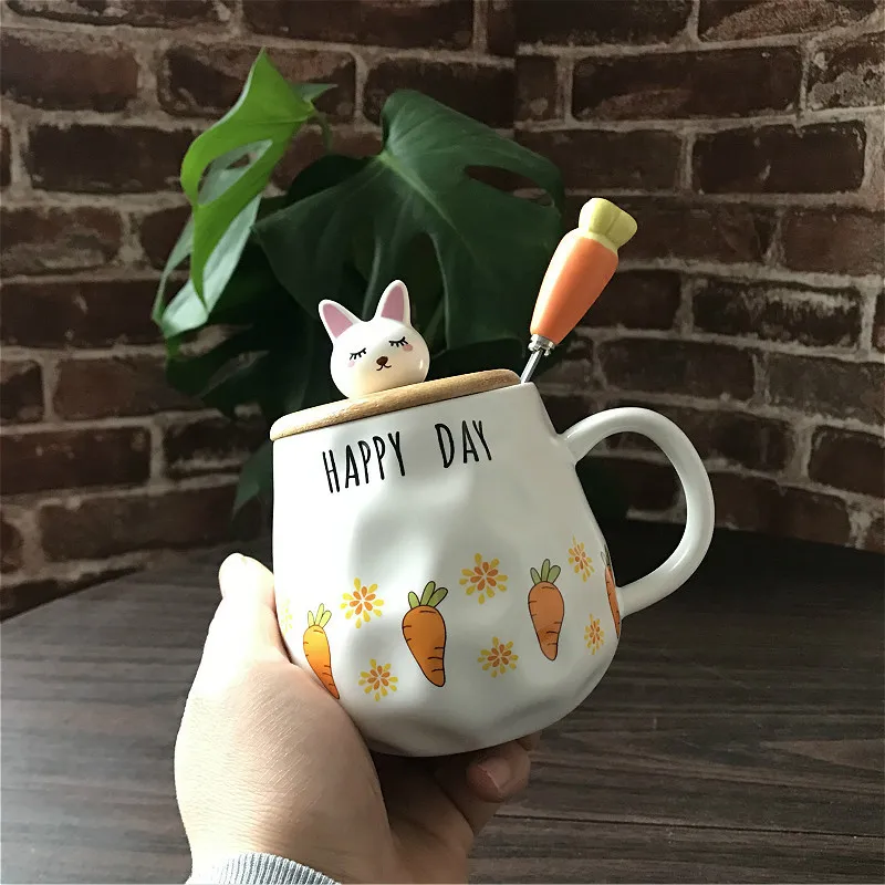 

Coffee Mug Cup Korean Cute Cartoon Rabbit Ceramic Cup With Spoon Carrot Breakfast Milk Tea Mugs Breakfast Cup Drinkware Gifts