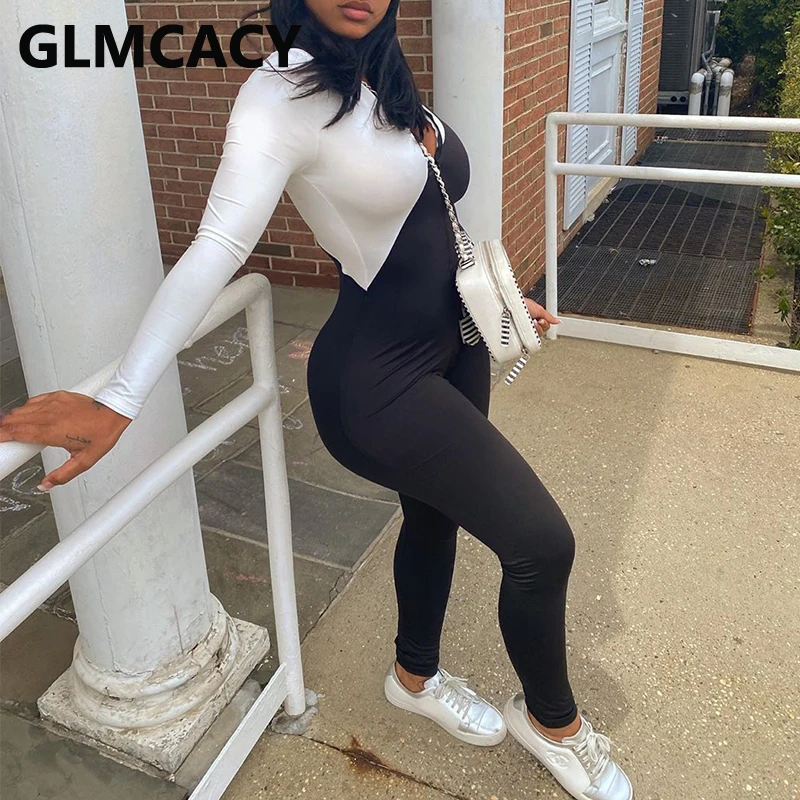 

Women Colorblock Patchwork Skinny Jumpsuits Chic Streetwear Long Sleeve Jumpsuit