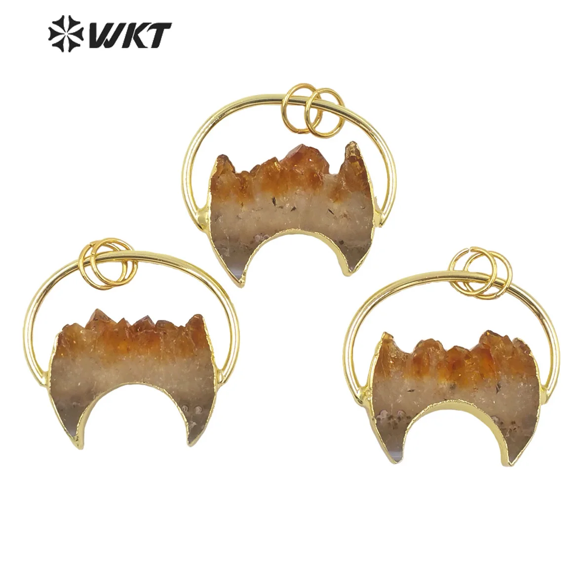 

WT-P1626 Fashion Yellow Crystal Quartz Pendant Crescent Stone Pendant With Big Ring Gold Eletroplated For Women procurement