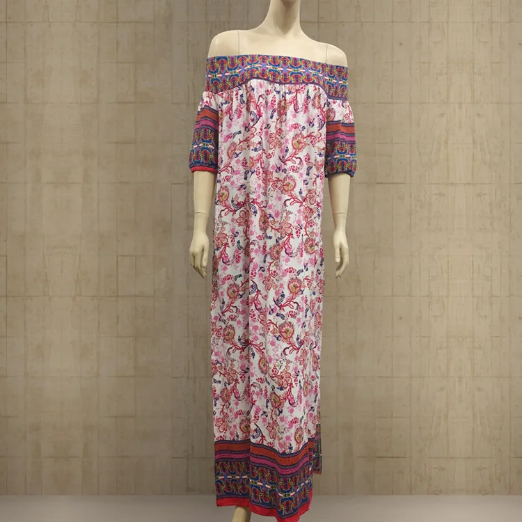 Casual Print Off Shoulder Straight Women Dress Short Sleeve Slash Neck Maxi Summer Dresses Ankle-Length Beach Vestido | Женская одежда