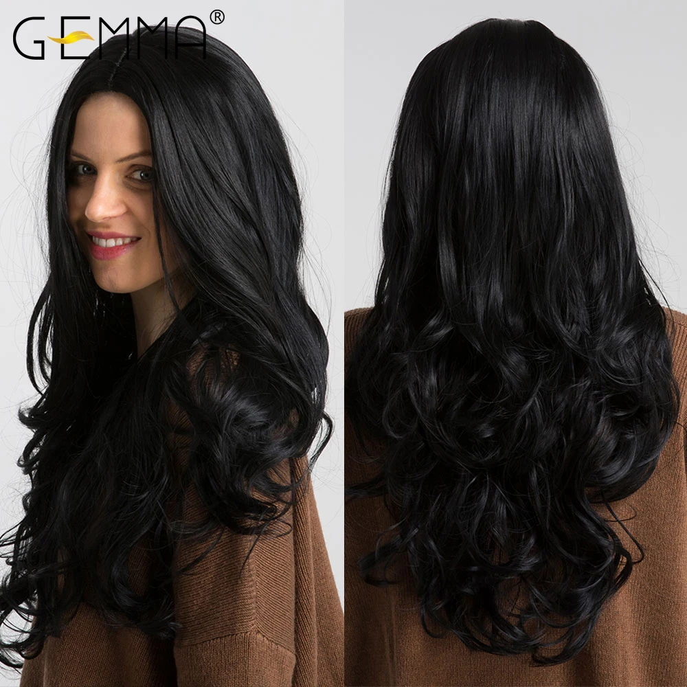 Sintéticas para Mulheres Perucas de Cabelo Resistente ao Calor Gemma Longo Ondulado Preto Perucas Afro Natural Cosplay Party Diário Médio Parte Fibra