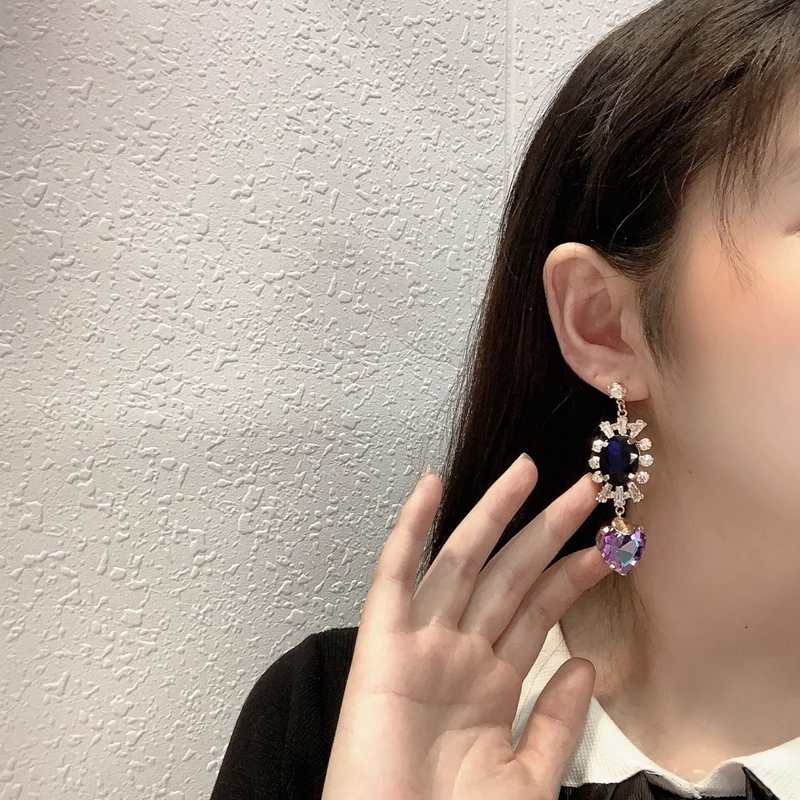 

MENGJIQIAO New Arrive Korean Asymmetry Heart Crystal Drop Earrings For Women Girls Elegant Luxry Party Pendientes Jewelry