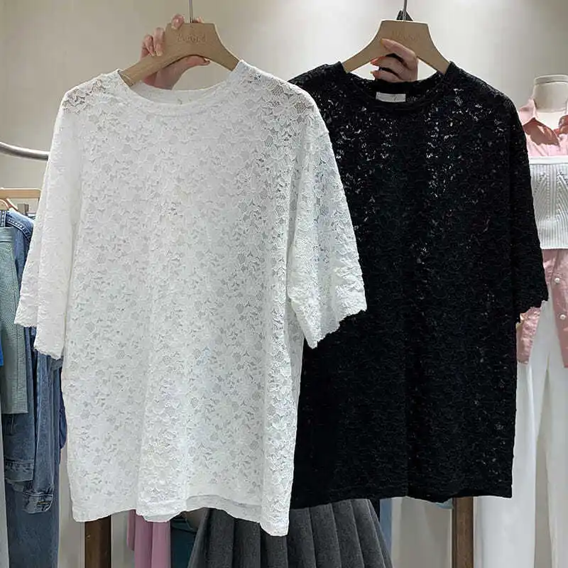 

Женский ажурный топ с коротким рукавом, сексуальный кружевной солнцезащитный свободный облегающий Топ, женские сексуальные летние топы