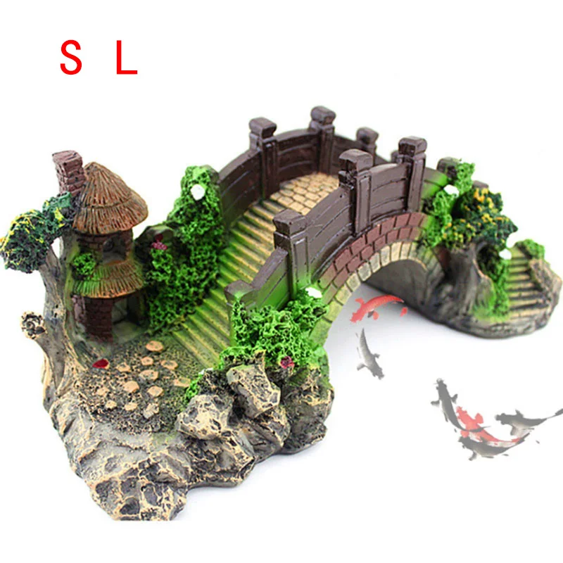 

Aquarium Ornament Bridge Resin Rockery Fake Rock Bridges Pavilion Tree Landscape Fish Tank Decoration QP2