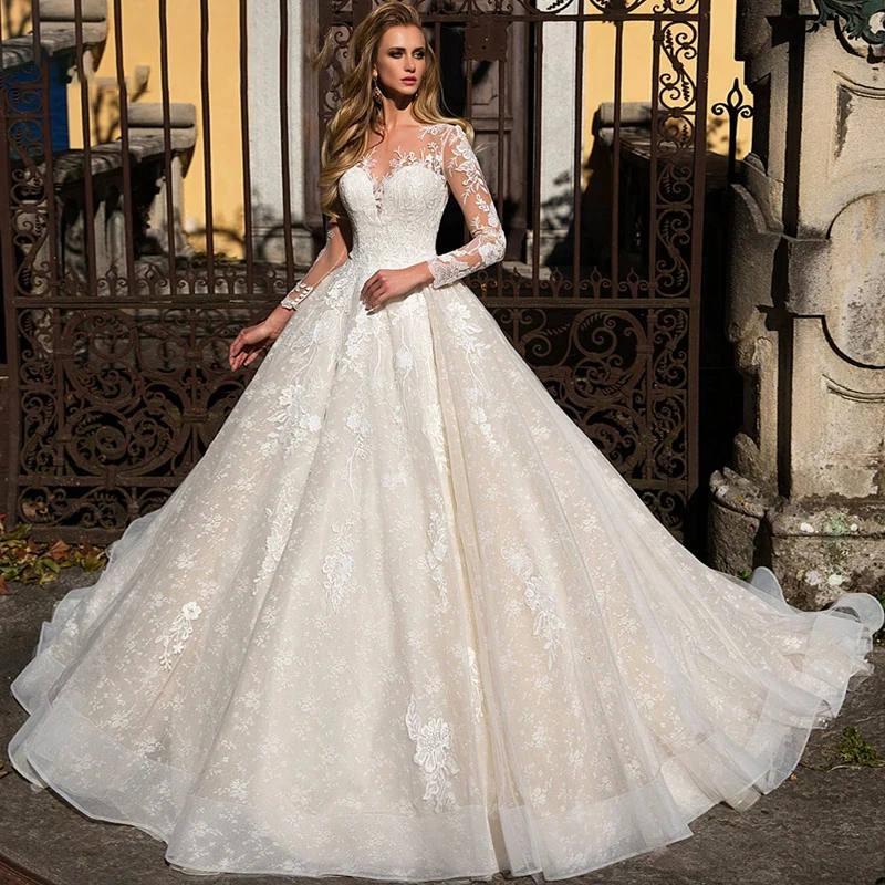 

Luxury Wedding Dresses Long Sleeve V Neck Lace Applique Charming Gowns Back Button Design vestido noiva Court Train Tailor-Made