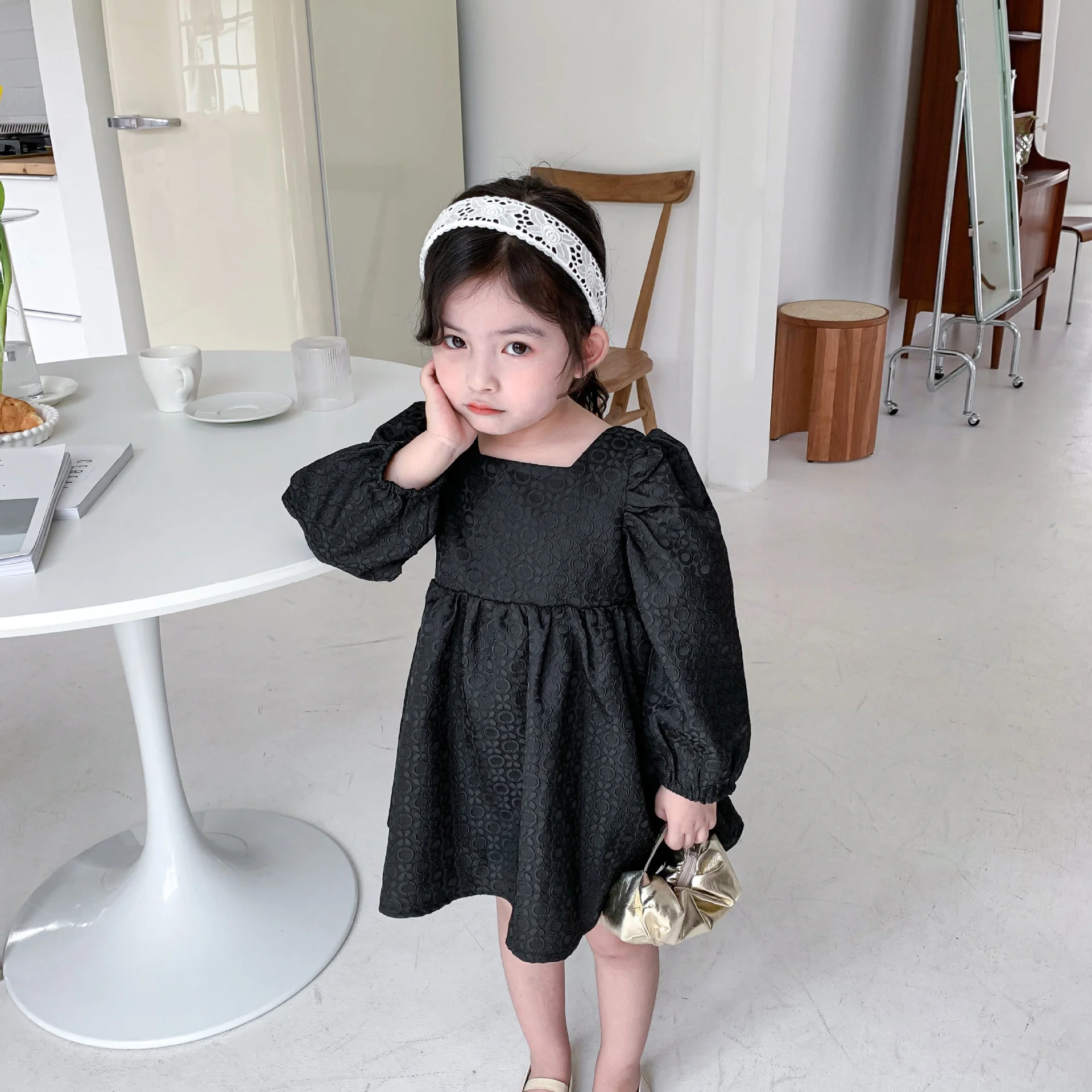 

Autumn Girls Fashion Jacquard Party Dress 2021 Kids Long Sleeve Square Collar Black Princess Dresses