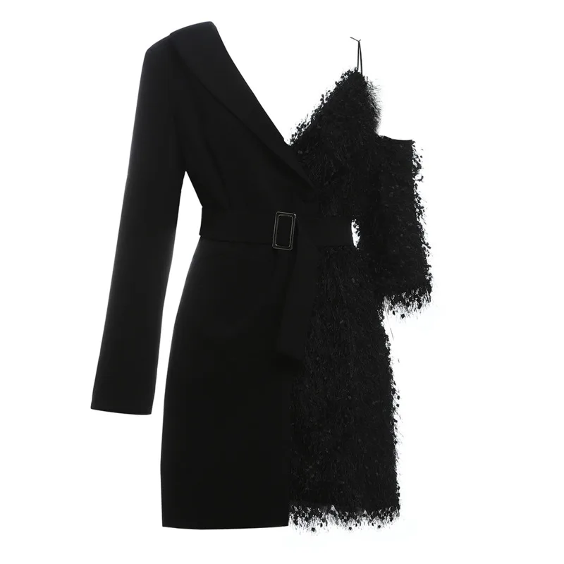 

DEAT Women Black Patchwork Asymmetrical Tassel High Waist Dress New V-Neck Long Sleeve Slim Fit Fashion Tide Summer 2021 7E0181