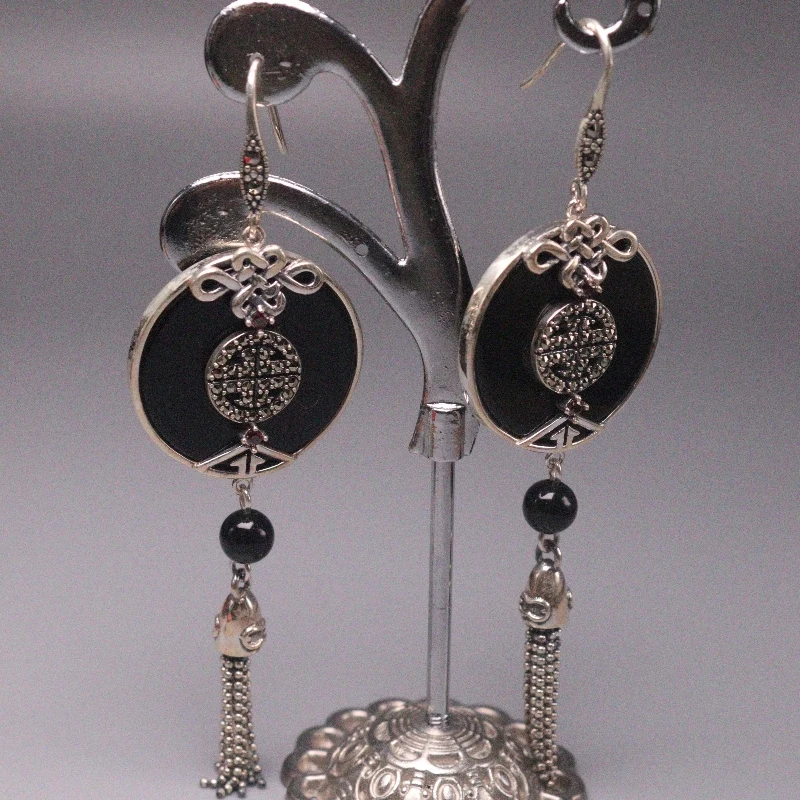 

New Arrival S925 Sterling Silver Earrings Women Luck Black Agate Round Tassels Dangle Earrings 74x25mm