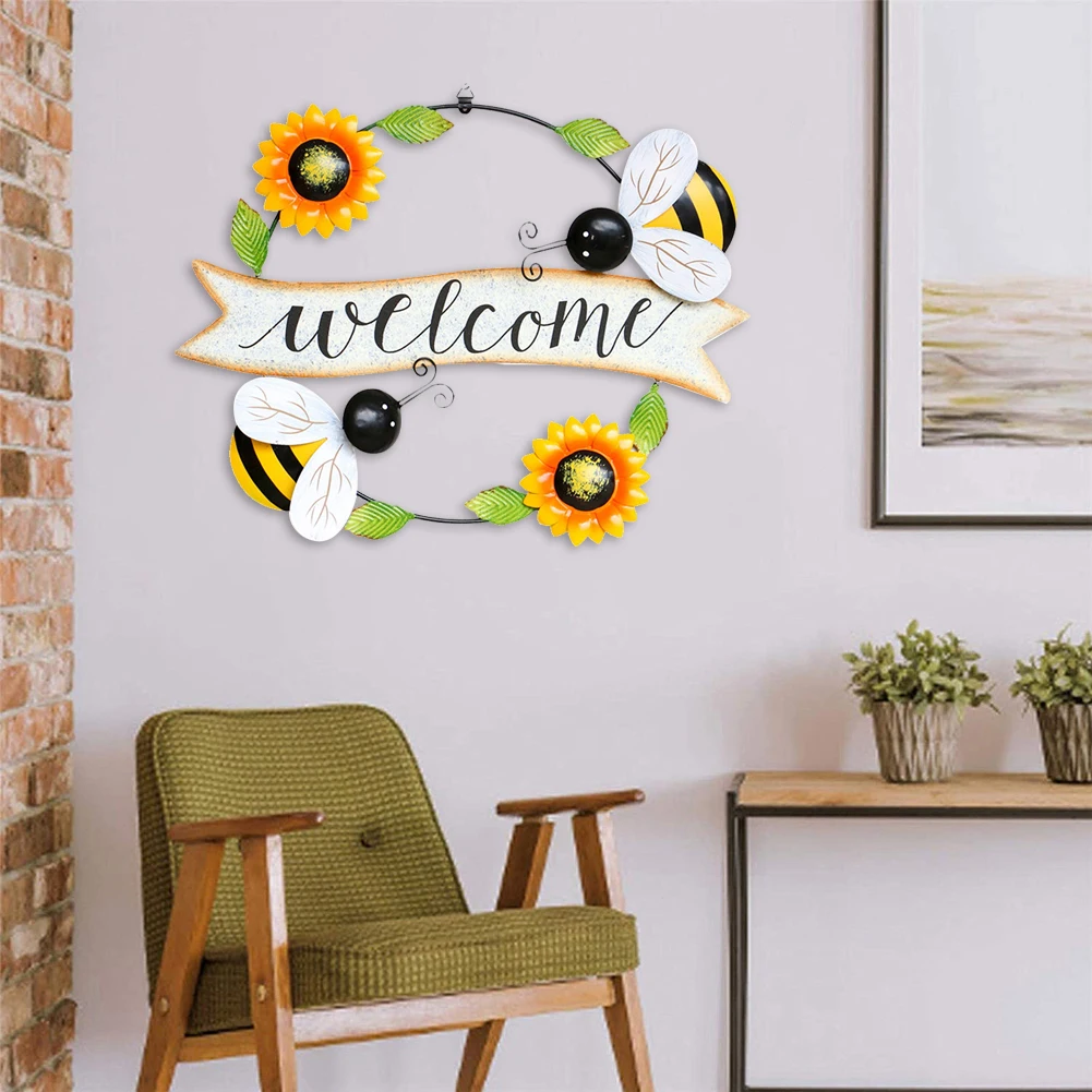 

Loop Wrought Iron Bee Sun Flower Welcome Signs Hanging Wall Balcony Mural Sign for Wooden Pendant Home Decoration Family Gifts
