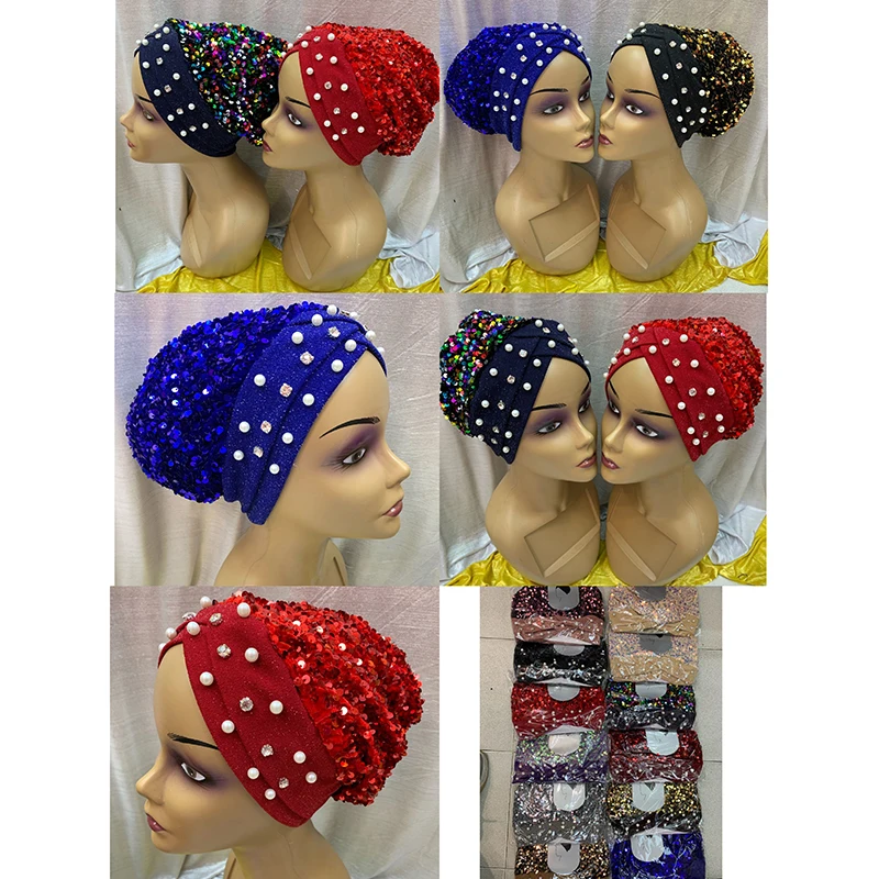 Wholesale Order 1 Dozen Newest Elegant Turban Hats Women Cap Beaded For India Hat Head Wrap Headband Girl Hair Accessories Lady