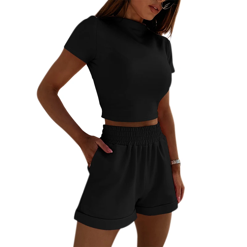 

VICABO Crop Top and Shorts Two Piece Set Women Stand Neck Short Sleeve Tops and Elastic High Waist Shorts 2pcs Set