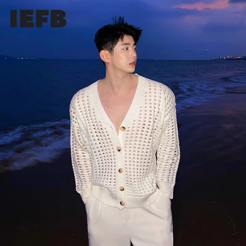 

Мужской тонкий ажурный свитер IEFB, кардиган, пальто для мужчин и женщин, Корейская уличная одежда на осень и лето 2022, винтажная трикотажная од...