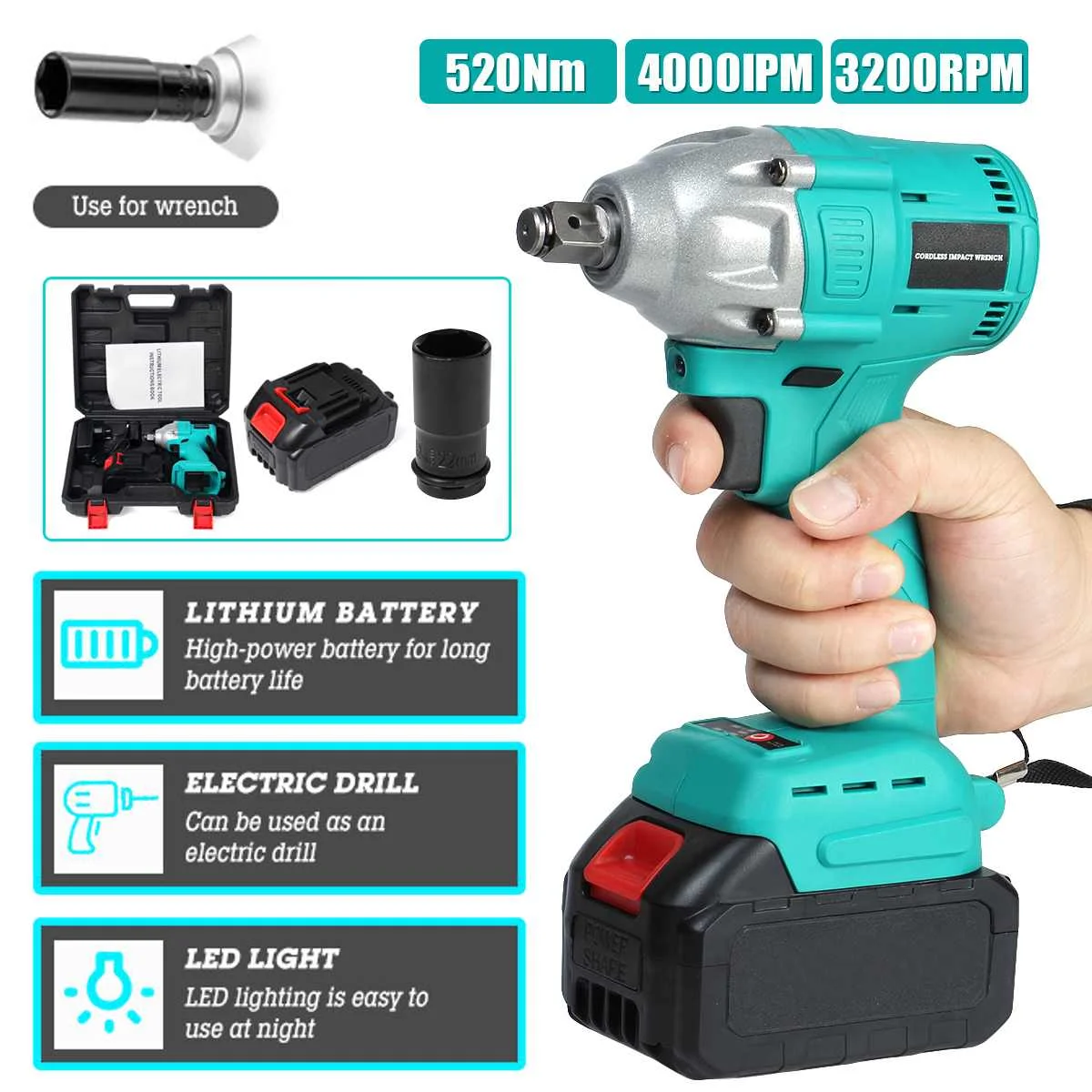 

388VF Brushless Electric Screwdriver Cordless Impact Wrench 15000MAH 520N.m Torque 1/2 inch Power Tools with 1 Battery Kit