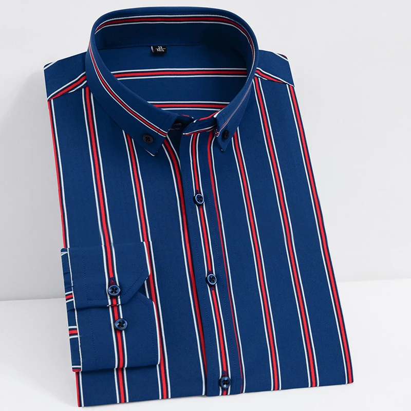 

Men's Non-iron Stretch Casual Striped Dress Shirts Single Patch Pocket Long Sleeve Standard-fit Youthful Button-down Tops Shirt