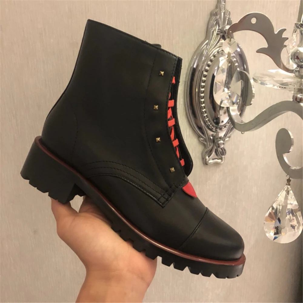 Women Luxury Designer Brand Genuine Leather Cow Boots Female Winter Short Round Toe Lace-up Shoes Size35-41 | Обувь