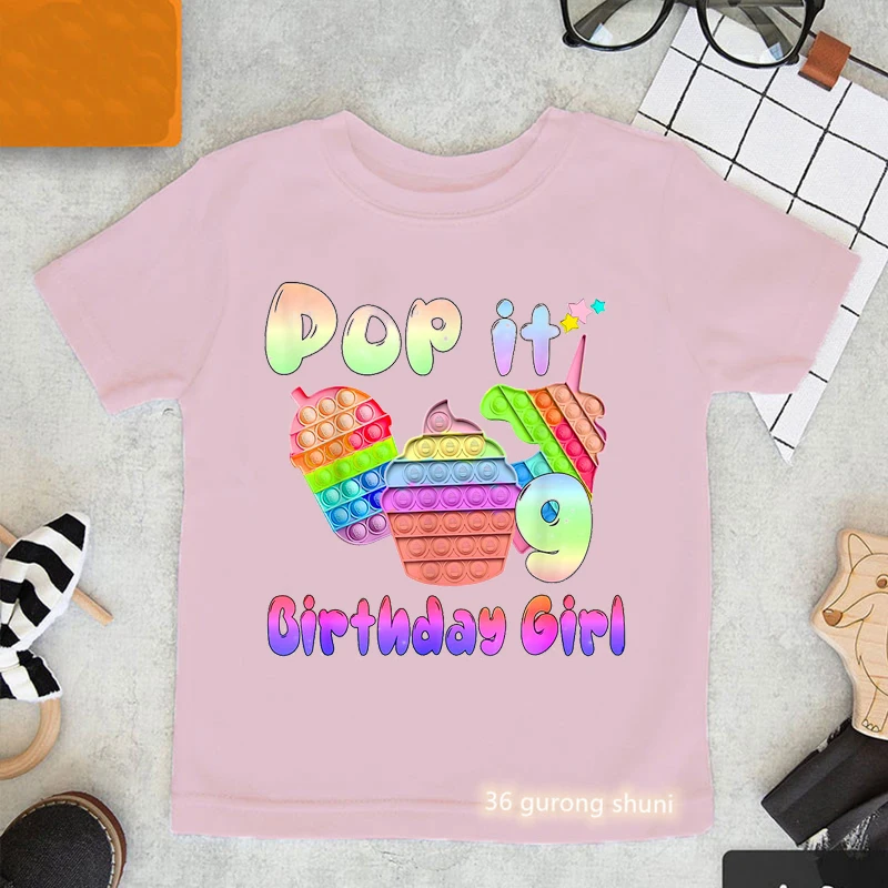 

Popit 9th Birthday Girl Graphic Print Pink T-Shirt Girls Kawaii Kids Clothes Boba Ice Cream Unicorn Print Tshirt Harajuku Shirt