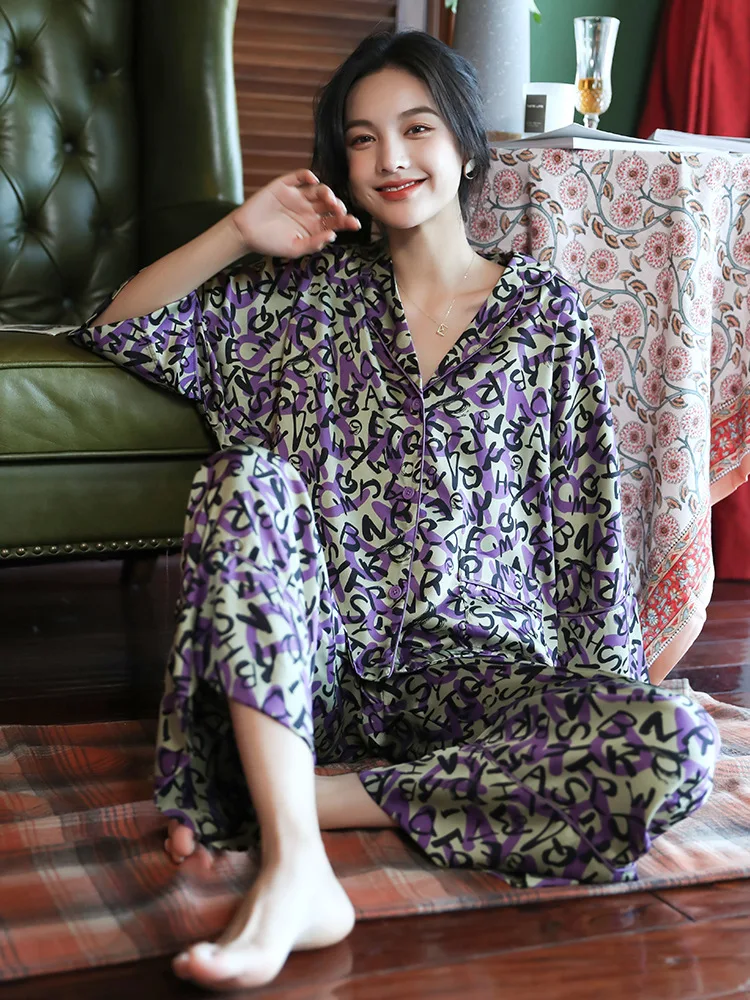 

Шелковая пижама Женская Новая повседневная свободная модная Пижама из двух частей с длинным рукавом для женщин