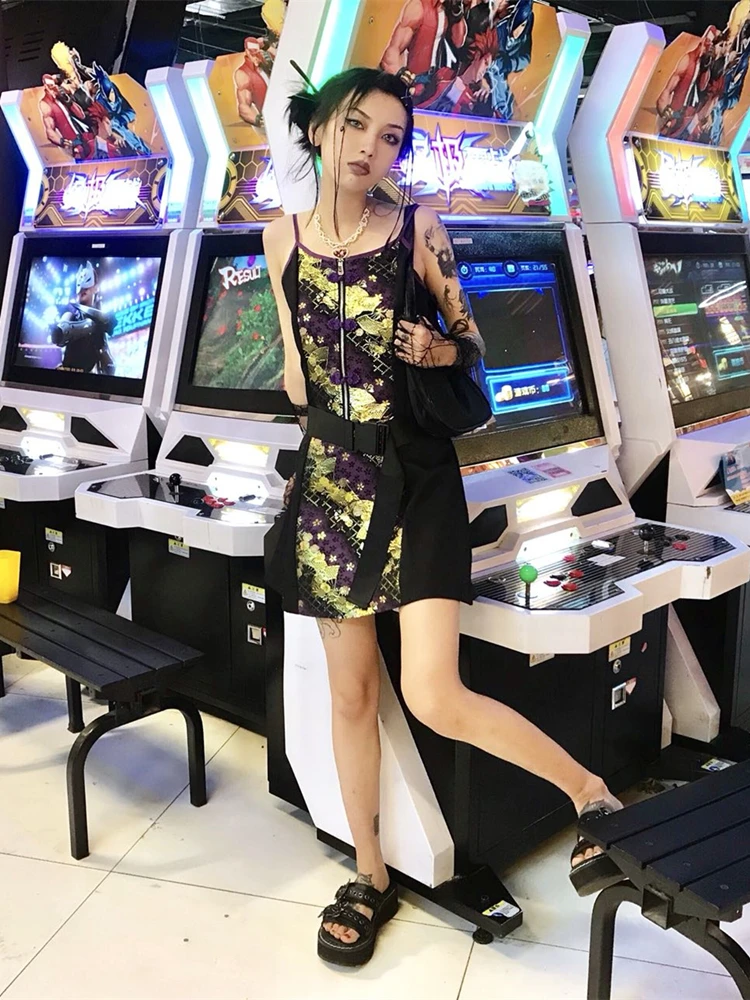 

Fashion Women Solid Spaghetti Rock Chinese styleStraps Backless Sleeveless Sexy Dresses Bottom embroidery Ladies Casual Dress