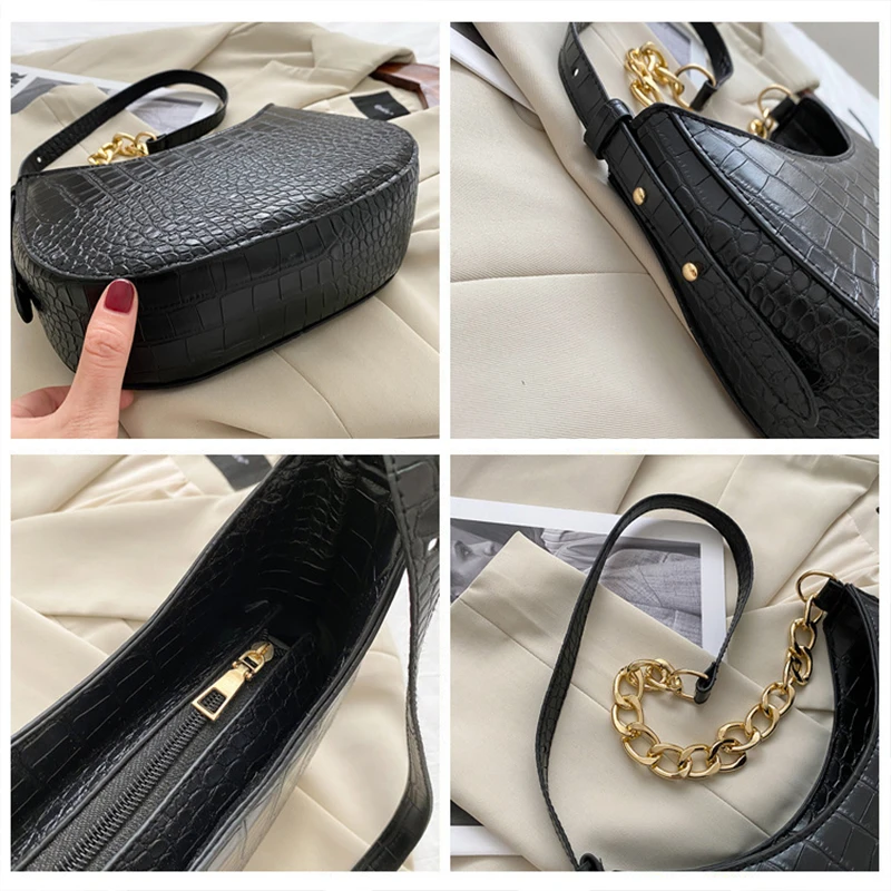 

SWDF Vintage Alligator Pattern 2021 Shoulder Bag Women PU Leather Half-moon Female Fashion Chains Crossbody Designer Armpit Bag