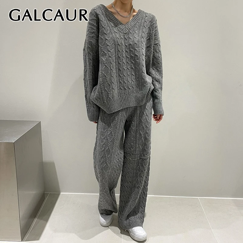 

GALCAUR Loose Two Piece Set For Female V Neck Long Sleeve Tops High Waist Wide Leg Pants Solid Sets Womens Clothing 2021 Autumn